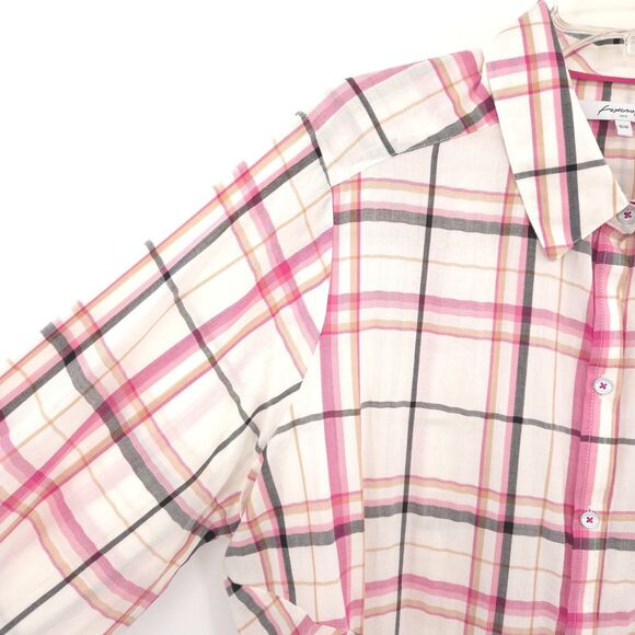 Foxcroft plaid long sleeve button up tunic top Size 16w cream pink pockets - Picture 2 of 7